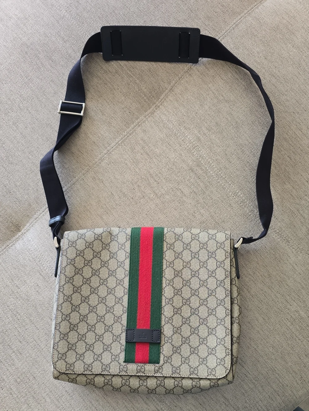Gucci Beige GG Supreme Messenger Bag with Green and Red Stripe